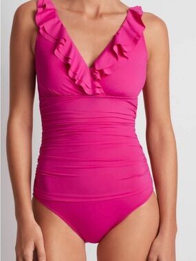 Lauren Ralph Lauren Beach Club Solids Ruffle Trim Surplice One Piece size 8